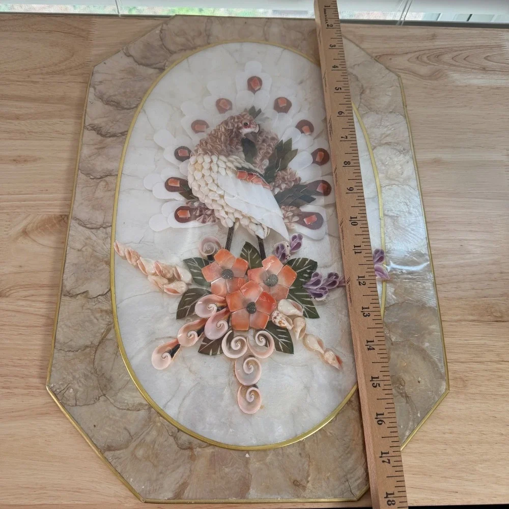 Vintage Mother of Pearl Seashell Mosaic Art Floral Peafowl Classic Wall Plaque